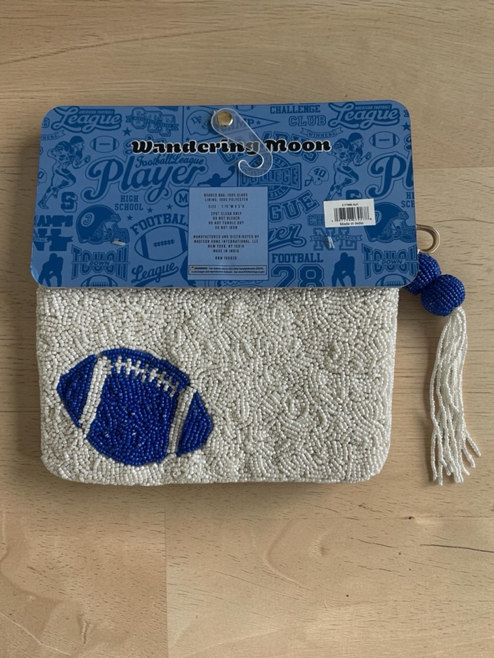 Wandering Moon Blue Football Beaded Travel Pouch Handmade Zip Bag - Picture 4 of 6
